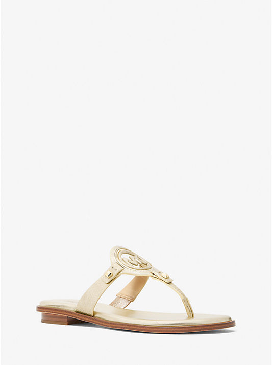 Michael kors Aubrey Cutout Metallic Leather T-Strap Sandal pale golden