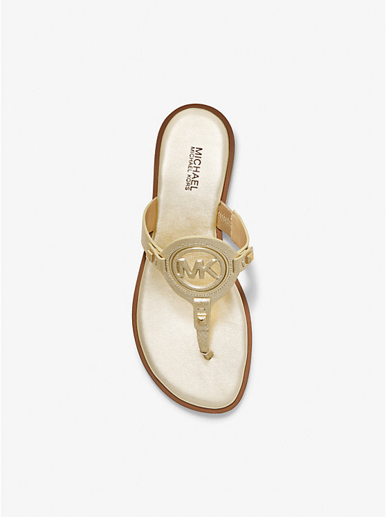 Michael kors Aubrey Cutout Metallic Leather T-Strap Sandal pale golden