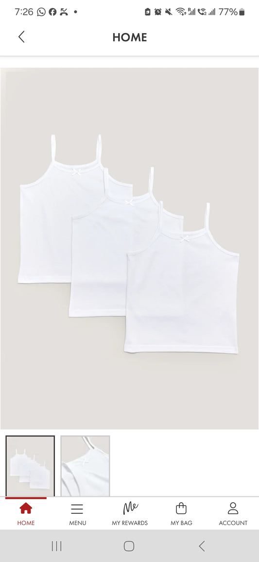 Matalan Girls 3 Pack White Cami Vests