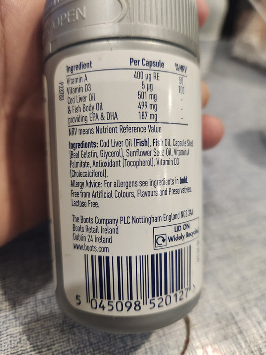 Boots Uk cod liver oil max strength 30 capsules 1000mg expiry 03/28