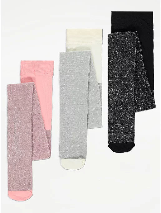 George UK Pink Silver and Black Sparkle Glitter Tights leggings 3 Pack