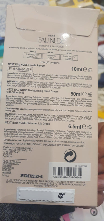 Next Uk eau nude perfume set with lip gloss and hand cream edp