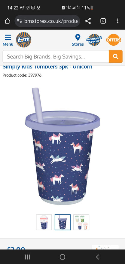 Bm bargains  Uk kids glass with lid and straw