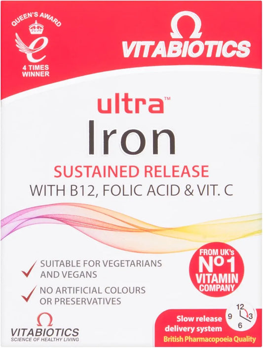 Iron Tablets Supplement, Boosts Energy, Vitality, Power and Immunity and Supports Against Anemia, Tiredness and Fatigue with Added Vitamin C Vitamin B12 and Folic Acid (Vitamin B9), Vitabiotics Ultra