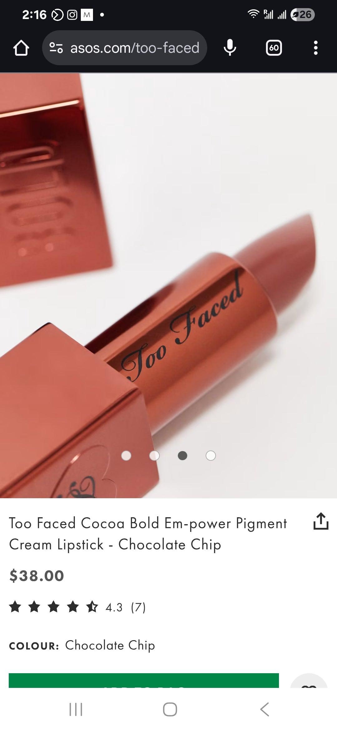 Too Faced
Cocoa Bold Em-Power Pigment Cream Lipstick,chocolate chip