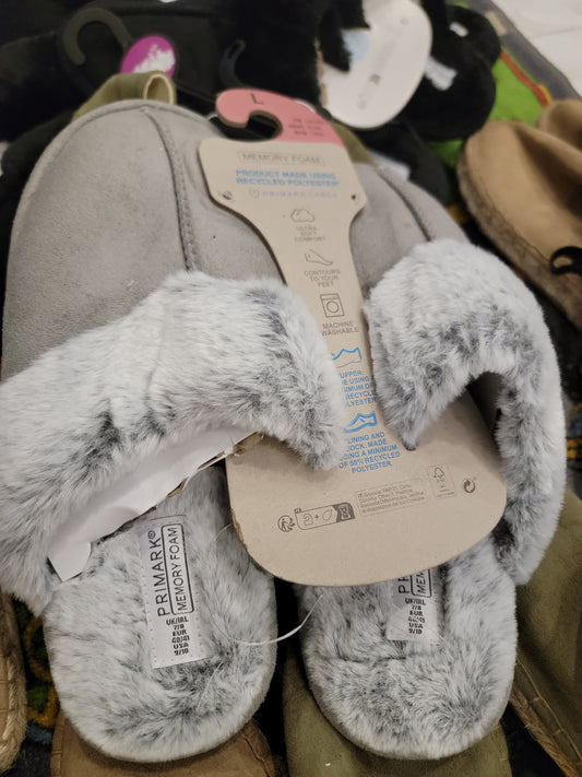 Primark women winter fluffy slippers memory foam grey