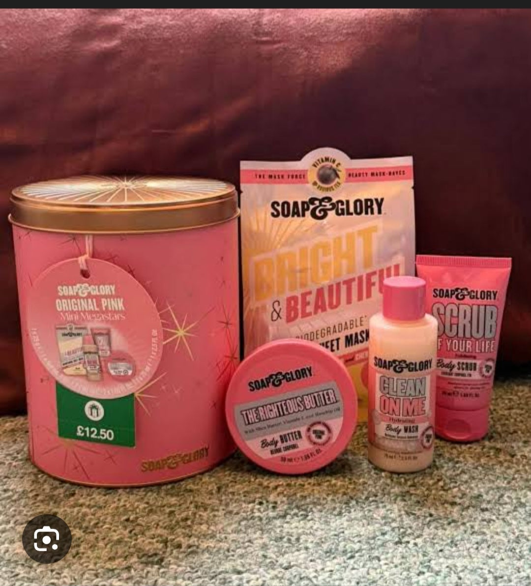 Soap & Glory Gift Set, Body Care Collection with Body Butter, Body Wash, Scrub, Sheet Mask, 4 Piece Set